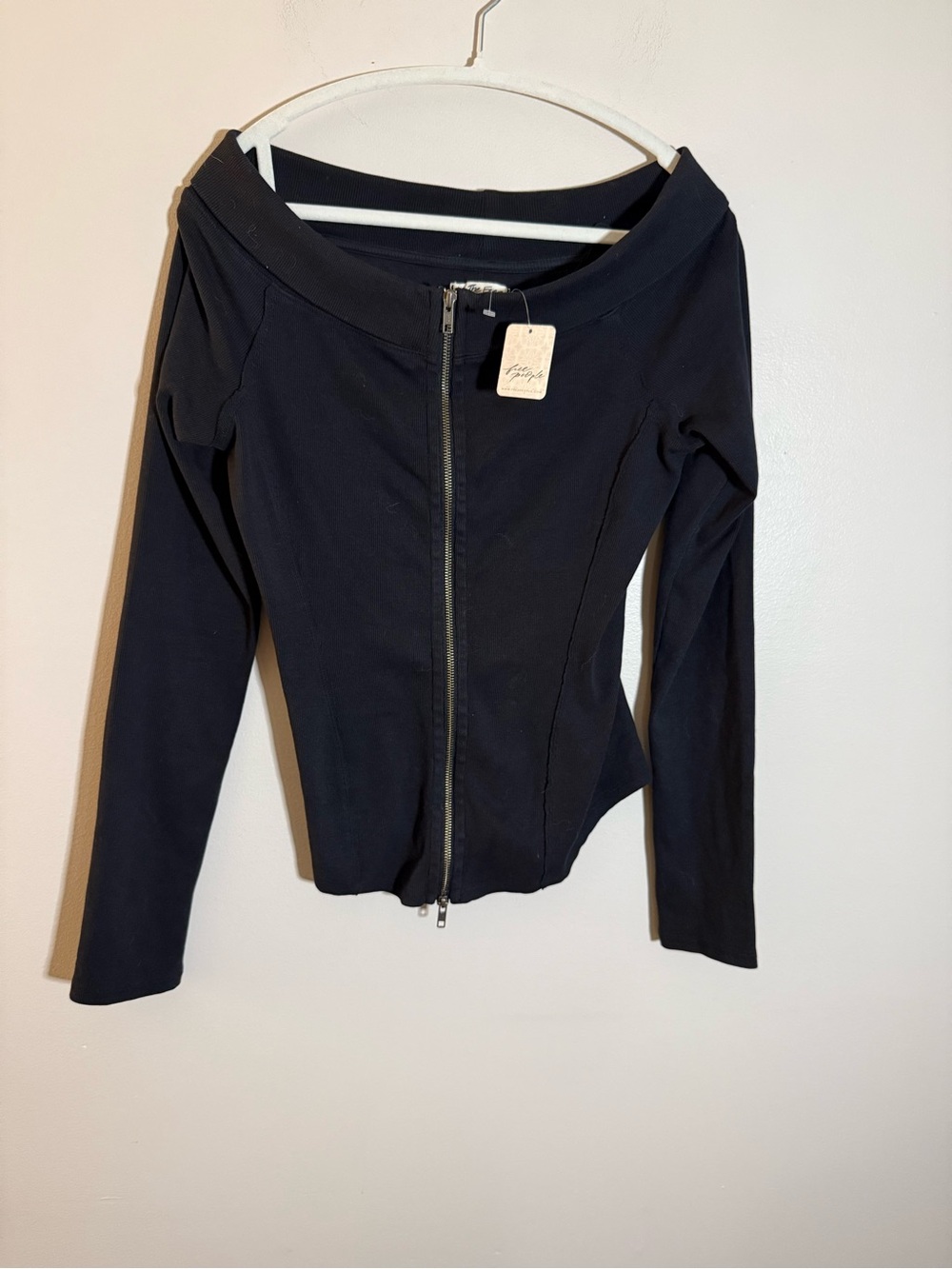 Free People Black Off-Shoulder Zip Front Sweatshirt